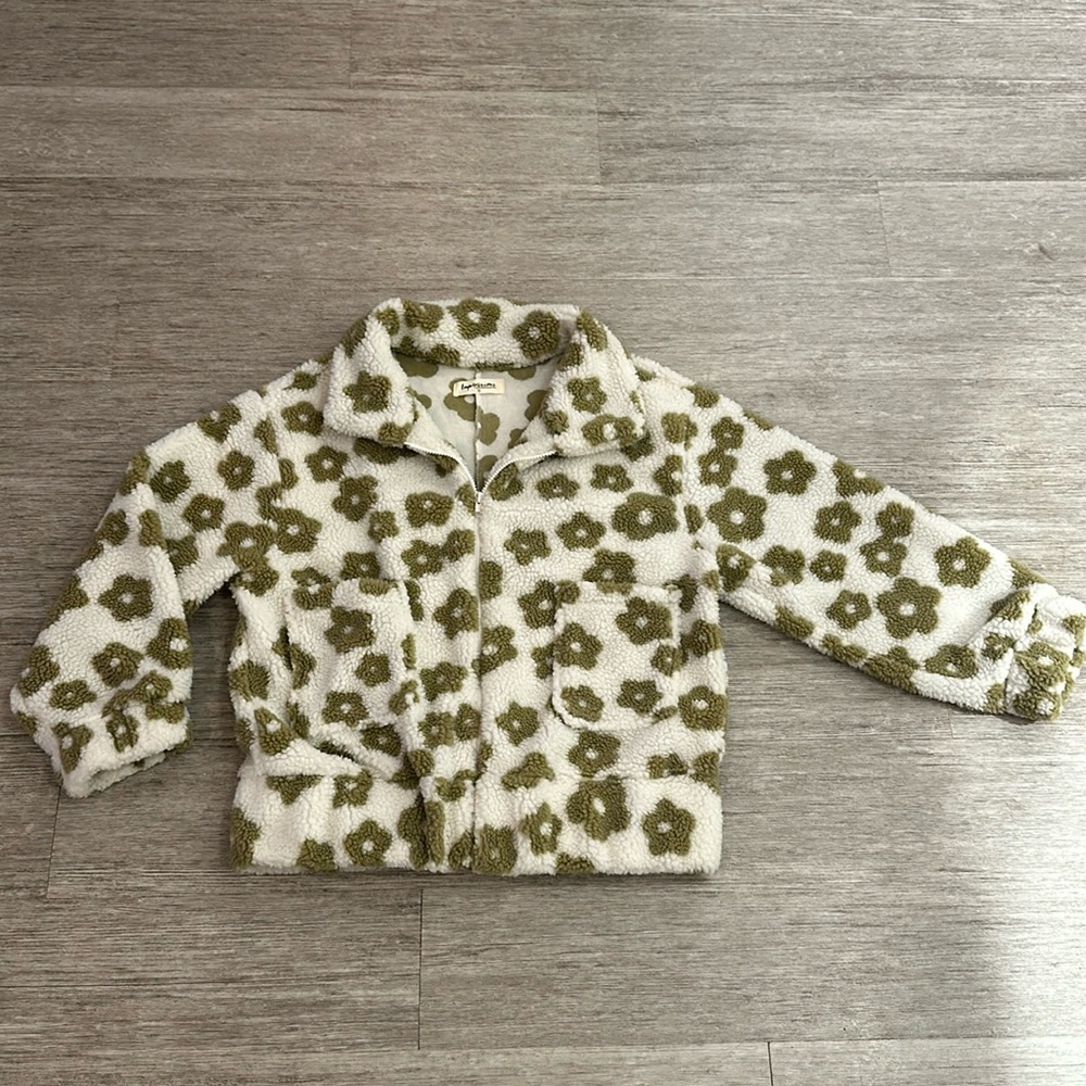 Floral Cream and Green Zipper Jacket - Size Small